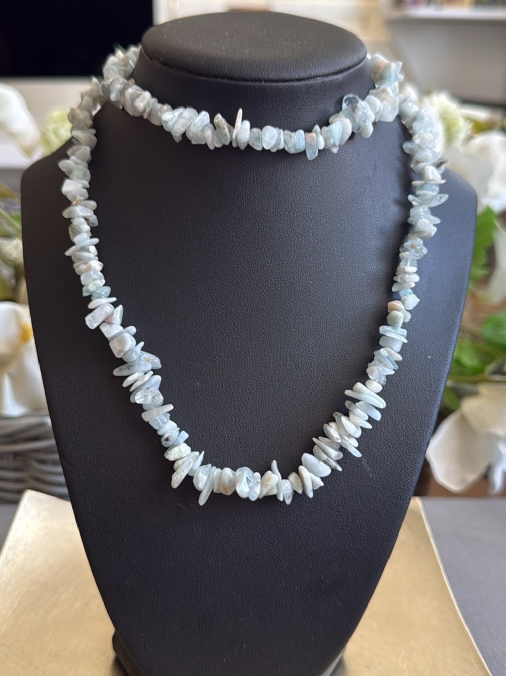 Light Blue Aquamarine Chip Necklace Long Strand Semi Precious Stone Energy
